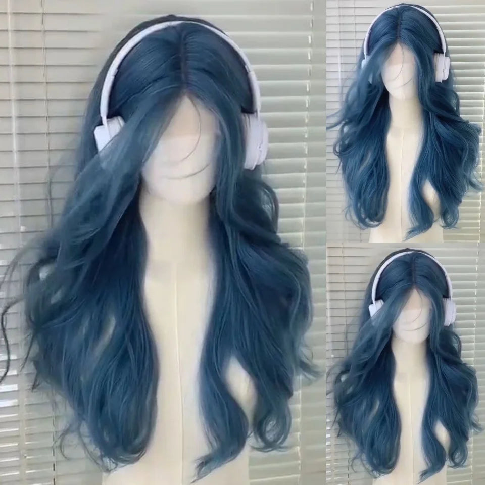Long Curly Wave Wig with Bangs Blonde Biue Colorful Cosplay Wig for Women Daily Party Natural Soft Synthetic Hair Heat Resistant