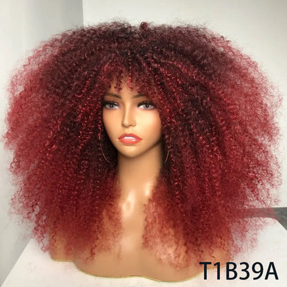 Afro Curly Wigs With Bangs For Black Women Burgundy Wig Synthetic Wine Red Hair Ombre Brown Blonde Cosplay Wig