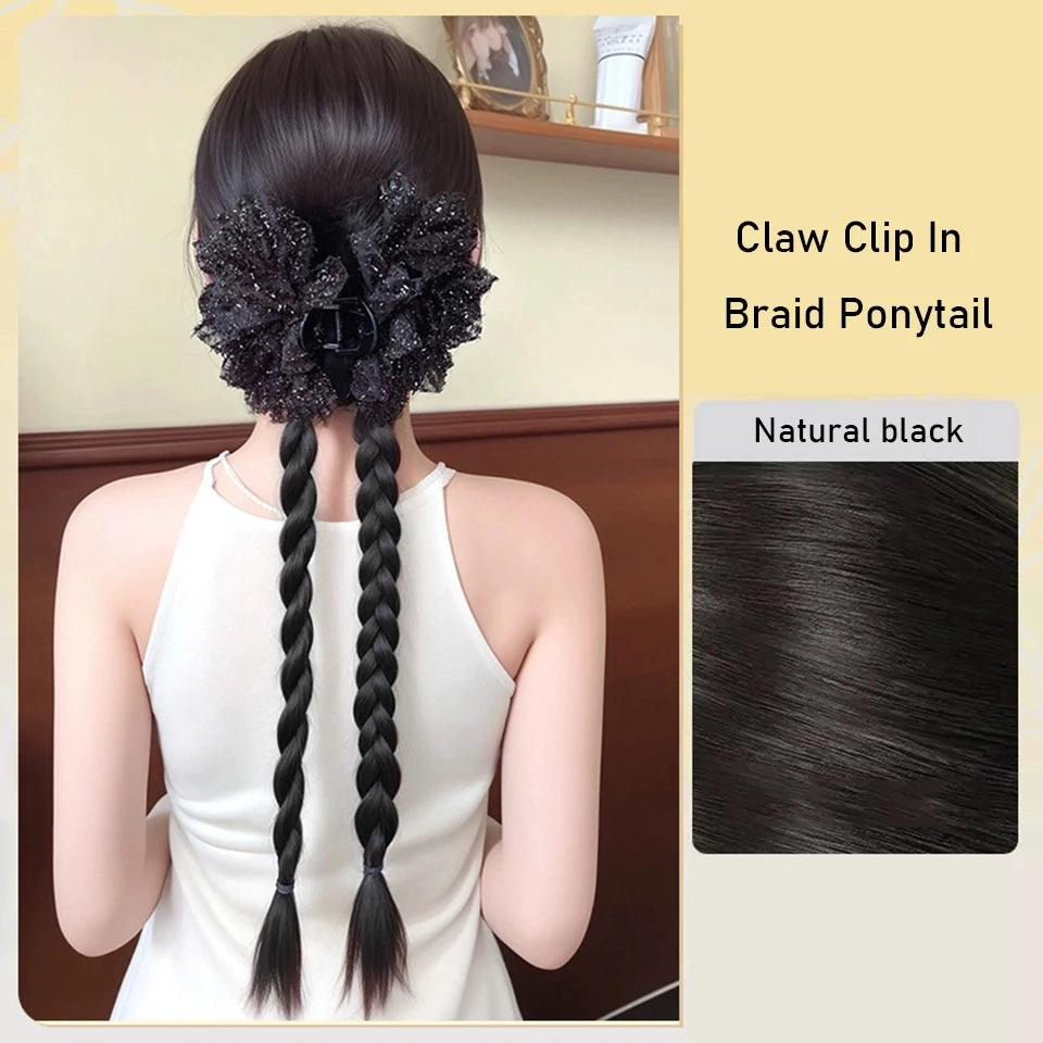 Ponytail Extension Bow Claw Curly Wavy Clip in Hairpiece Ponytail Hair Extensions Long Pony Tail Synthetic for Women Girl Daily