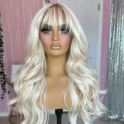 Natural Fringe Bouncy Wavy Synthetic Wig with Bangs White Blonde Icy Dark Roots High Quality Futura Fibre Lace Top Wig Women