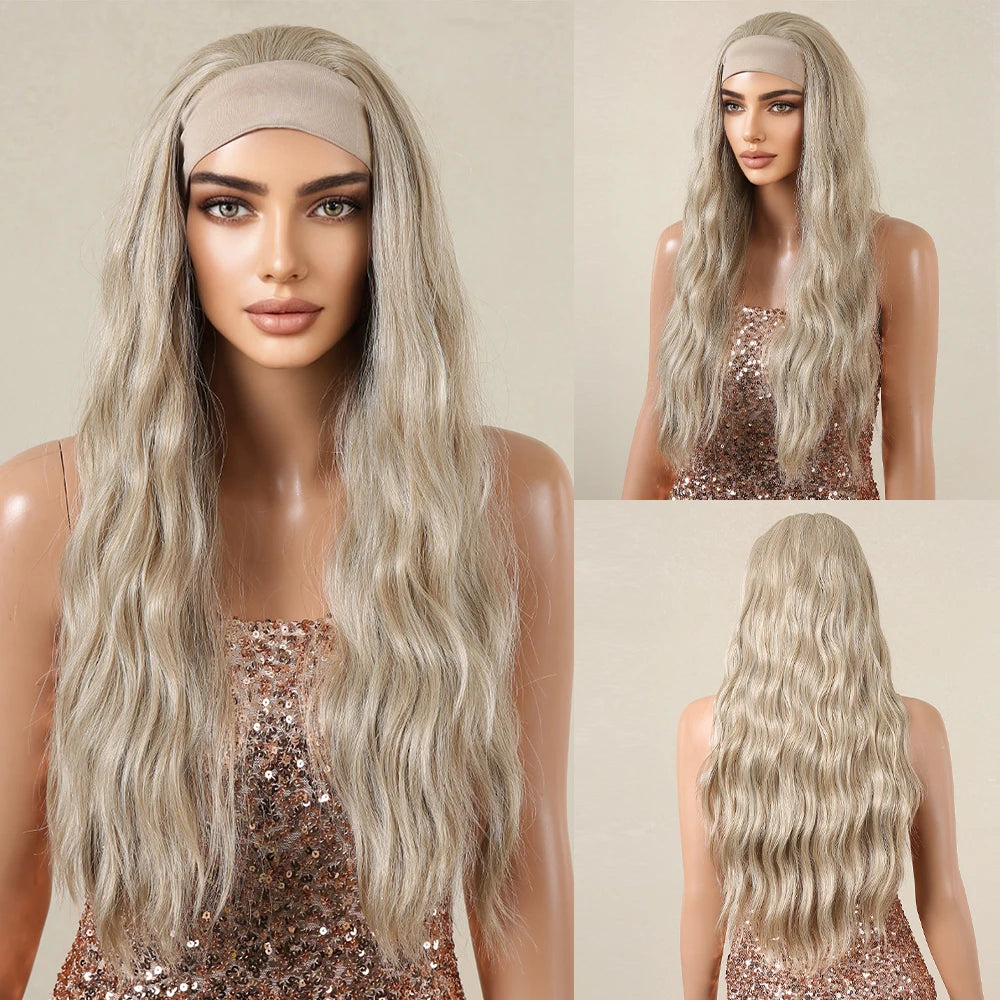 Long Curly Headband Synthetic Wigs Natural Ash Blonde Long Women's Headband Wig Body Wave Bohemian Hair Wig For Women Daily Use