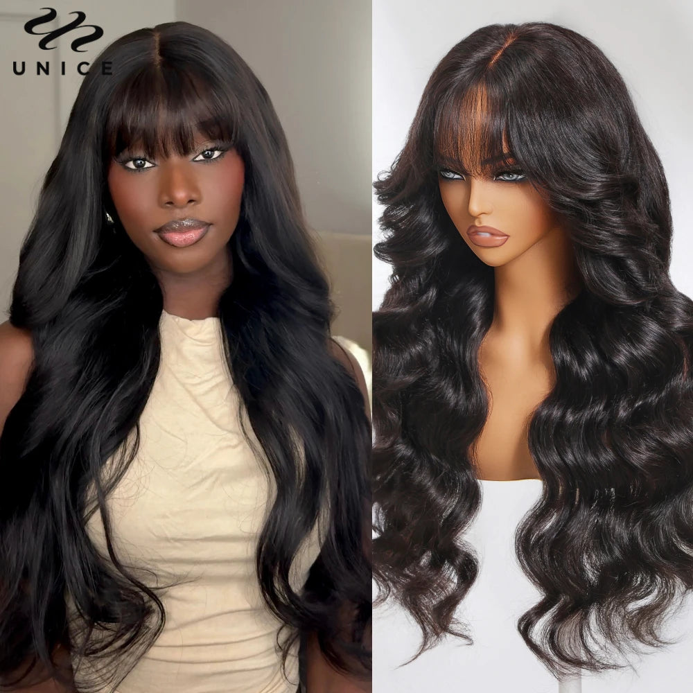 UNICE Hair Fluffy Loose Wave Wig With Curtain Bangs 7x5 Pre Cut Pre Bleached Glueless Wigs Human Hair Ready To Wear 180% Density