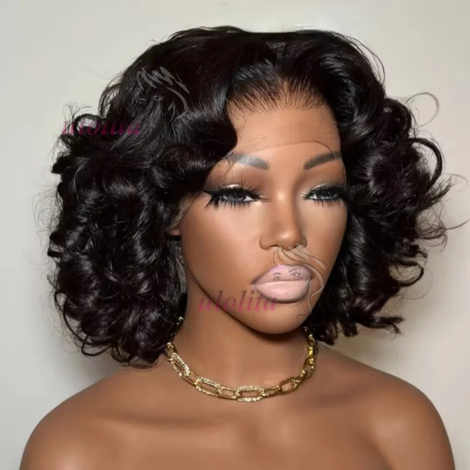 100% Raw Indian Virgin Hair Bouncy Wave 4x4 HD Lace Closure Wigs High Density 12" Wear and Go Ombre Bouncy Curly Glueless Wigs