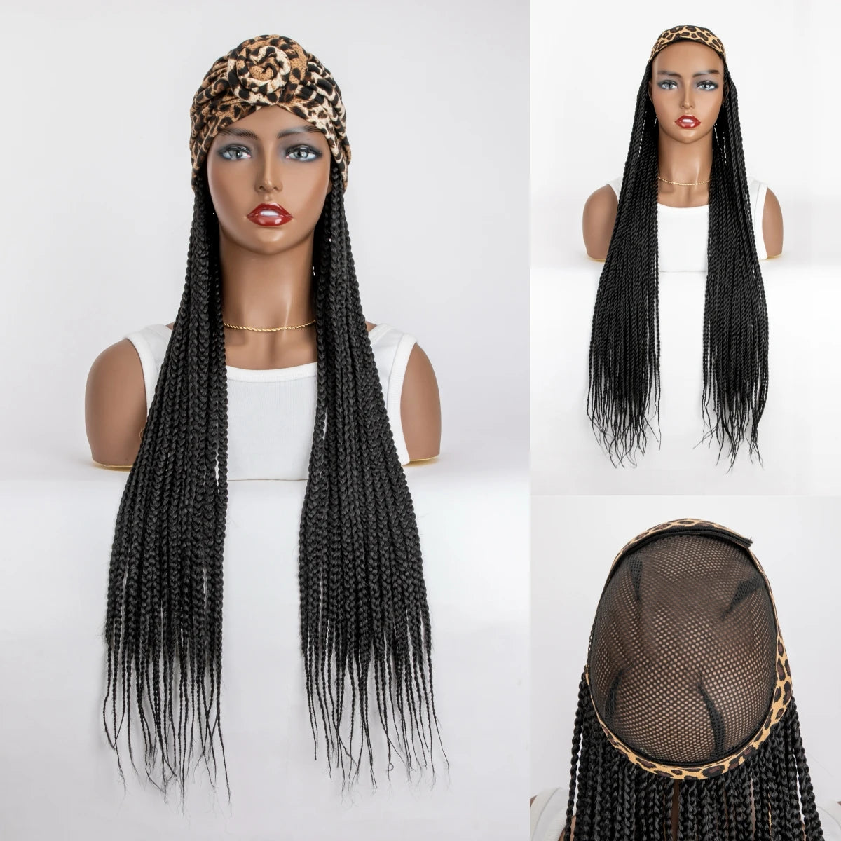 WIGERA Leopard Print Headband Long Braided Synthetic Wig With Turban Hat Box Braiding Hair Extensions Head Scarf  Easy Hairstyle