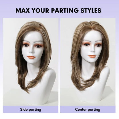 MONO Lace Frontal Synthetic Wigs Light Brown Blonde Hair Middle Length Straight Layered Wigs for White Women Daily 16inches Hair