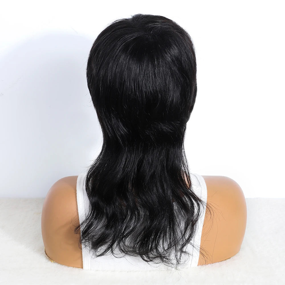 Human Hair Mullet Wig With Bangs  Dovetail Natural Black Pixie Cut Full Machine Made Wigs