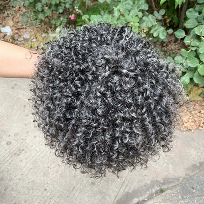 Dark Gray Curly Bob Wig With Bangs Glueless Wear & Go Salt And Pepper Wigs Short Kinky Curl  Human Hair Wigs For Elegant Mom