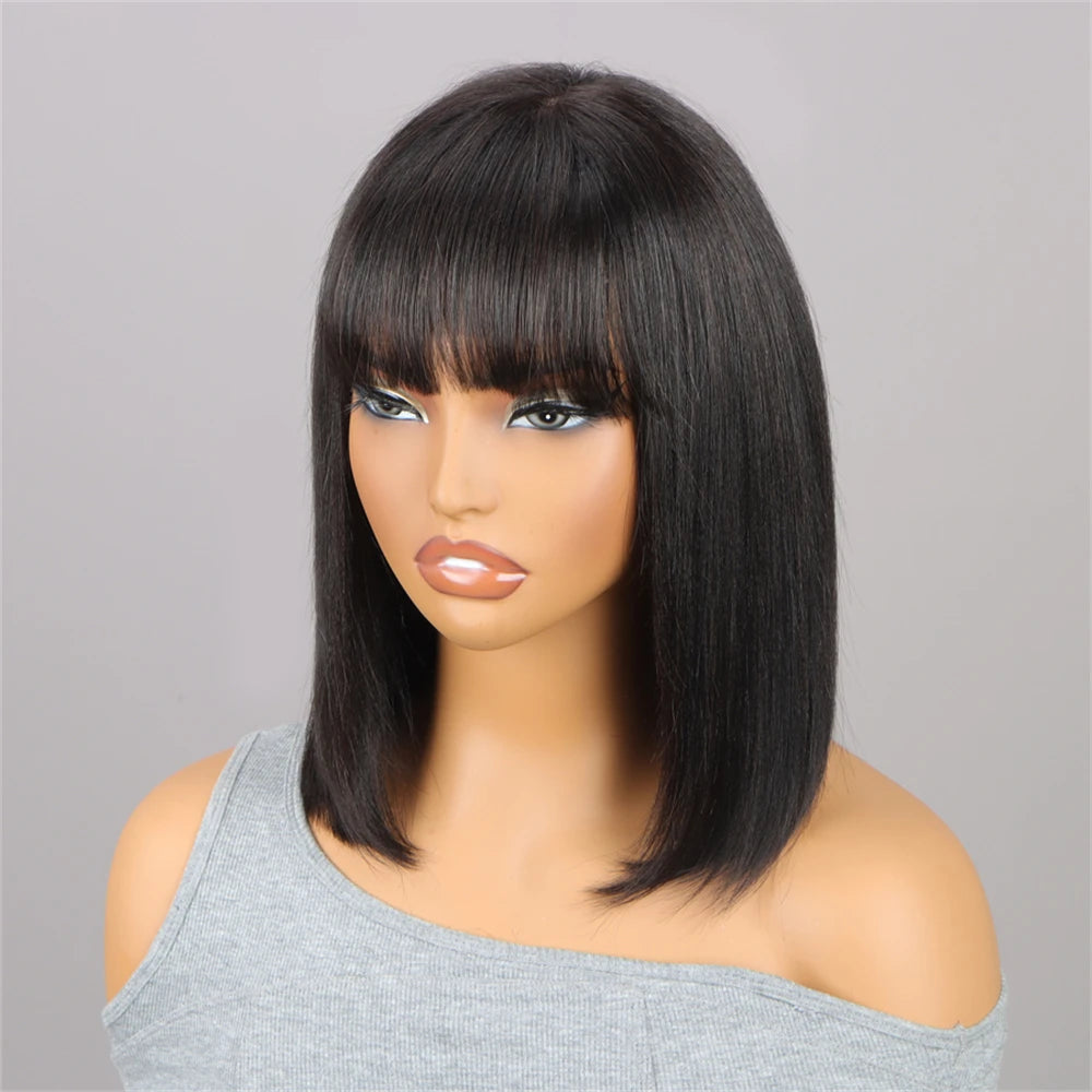 Yaki Straight Bob Wig with Bangs Human Hair 180% Density 10 inch Natural Black Short Bob Wigs Human Hair With Bangs Glueless