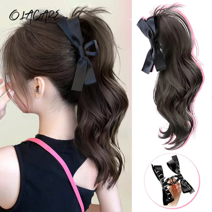 Ponytail Extension Bow Claw Curly Wavy Clip in Hairpiece Ponytail Hair Extensions Long Pony Tail Synthetic for Women Girl Daily