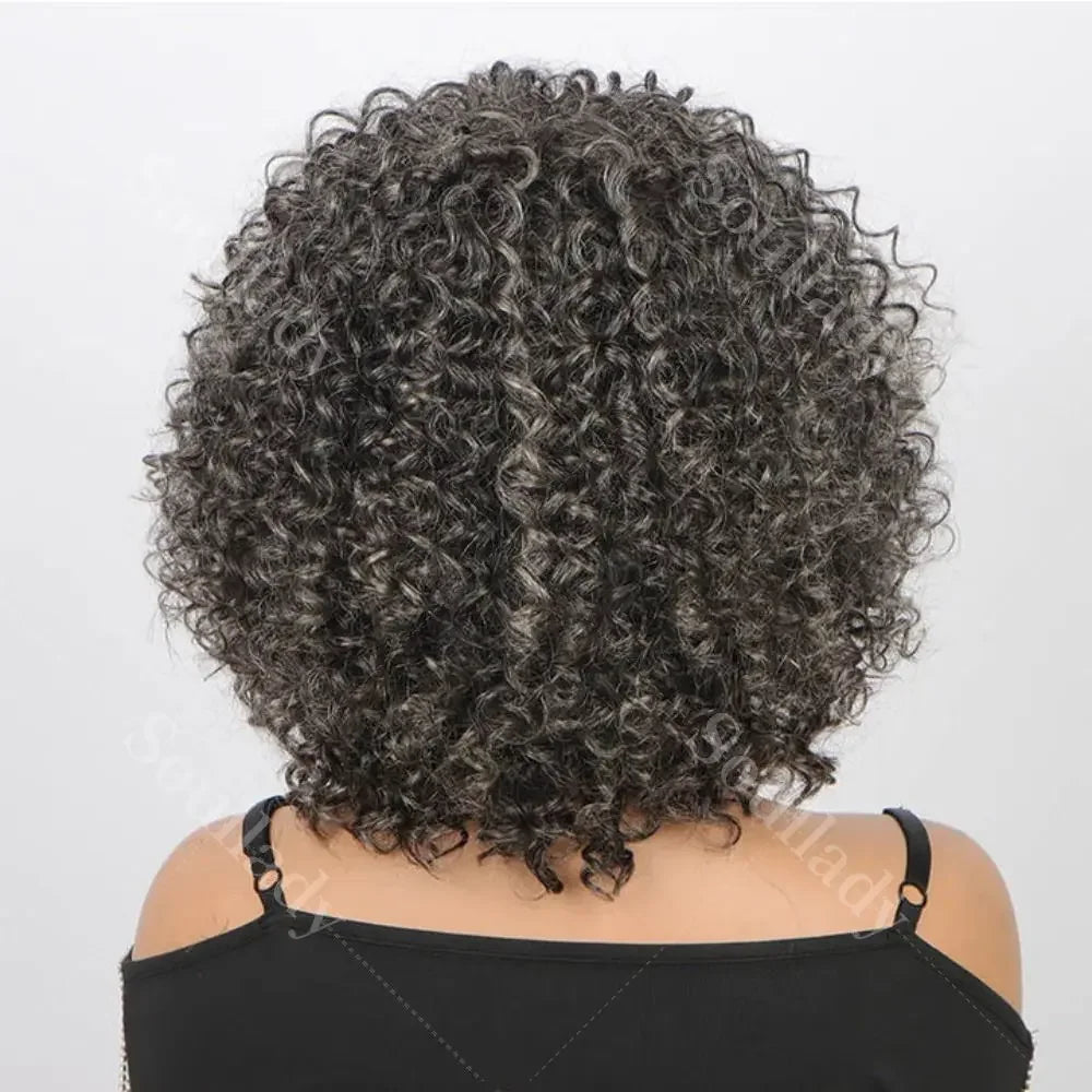 Dark Gray Curly Bob Wig With Bangs Glueless Wear & Go Salt And Pepper Wigs Short Kinky Curl  Human Hair Wigs For Elegant Mom