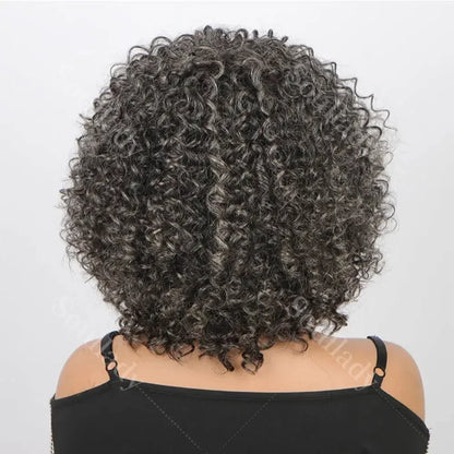 Dark Gray Curly Bob Wig With Bangs Glueless Wear & Go Salt And Pepper Wigs Short Kinky Curl  Human Hair Wigs For Elegant Mom