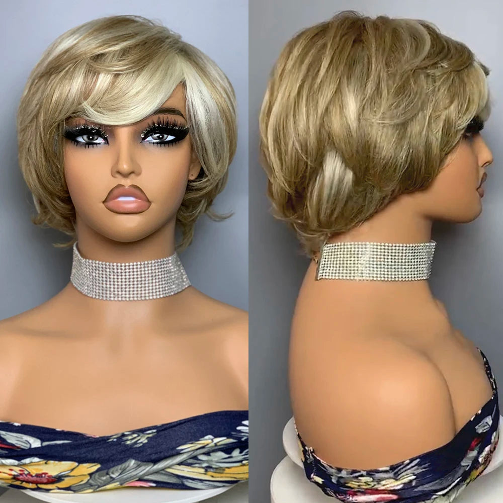 Wavy No Lace Human Hair Wig F8/60# Pixie Cut Wig Short Wig With Bangs Human Hair Wigs For Women Natural Look and Style