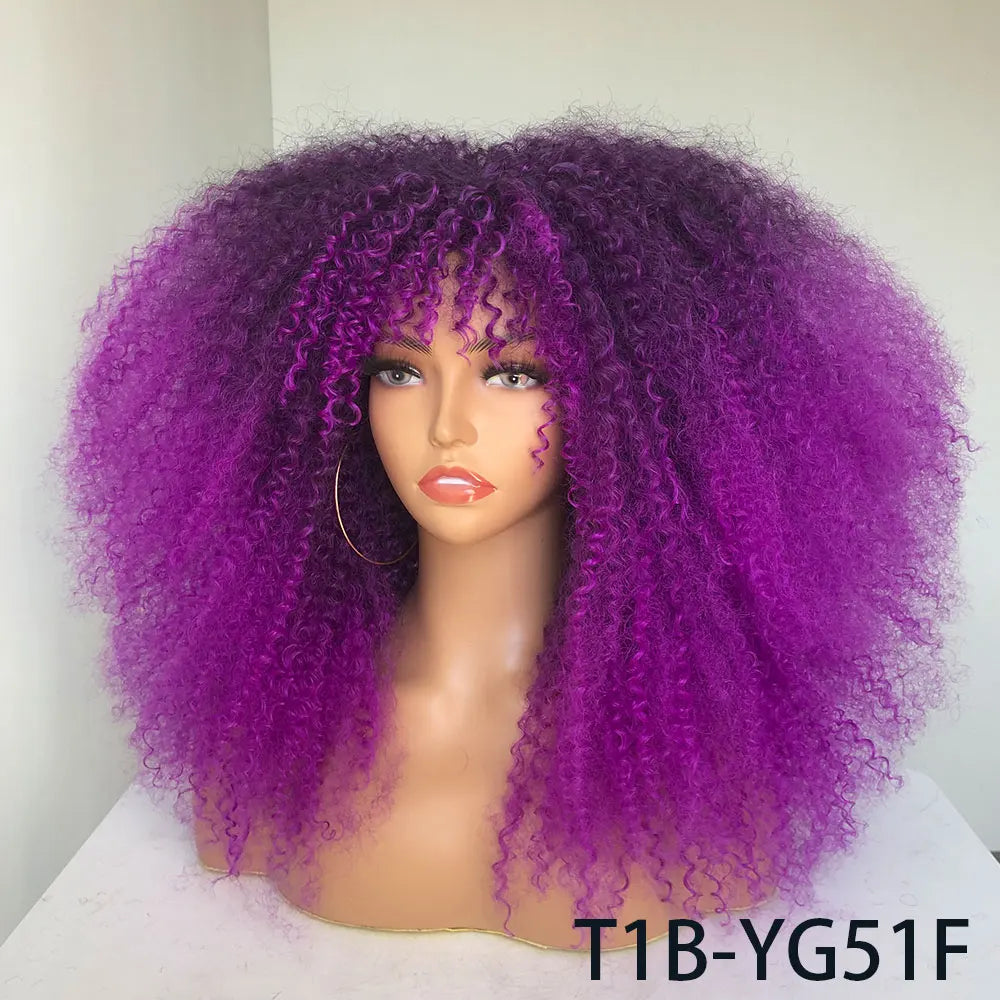 Afro Curly Wigs With Bangs For Black Women Burgundy Wig Synthetic Wine Red Hair Ombre Brown Blonde Cosplay Wig