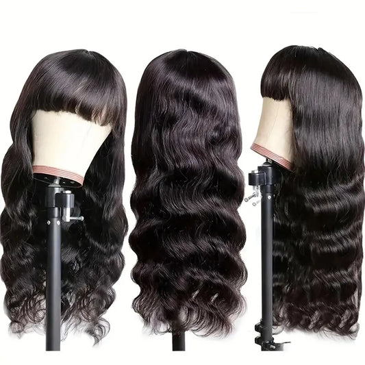 Body Wave Human Hair Wigs With Bangs 12A Peruvian Cheap Hair Wigs On Sale Clearance Full Machine Made Wig With Bangs For Woman