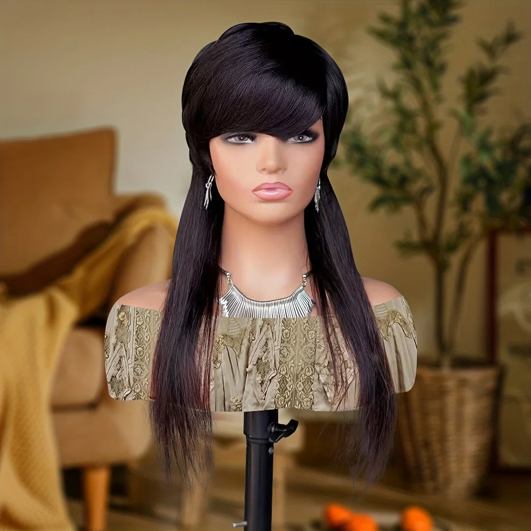 Straight Human Hair Wig With Bangs Mullet Wig Full Machine Made Wig Brazilian Human Hair Wigs for Women Natural Colored Wig