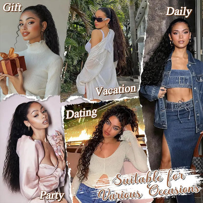 32inch Curly Wavy Ponytail Hair Extension For Women Drawstring Ponytail Hairpieces Synthetic Fake Horse Tail Black