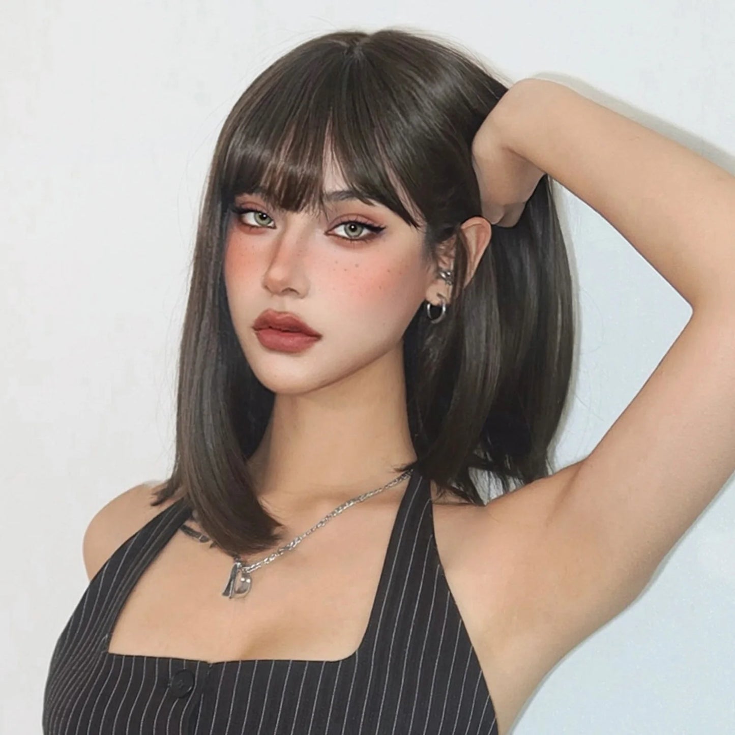 Straight Bob Synthetic Wigs Dark Brown Hair with Bangs for Women Shoulder Length Wig Daily Use Heat Resistant Korean Hairstyle