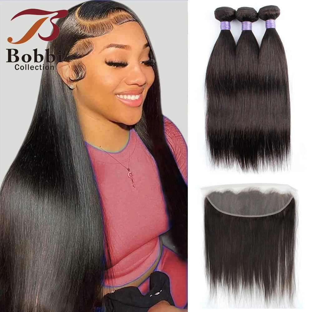 Human Hair Bundles with 13x4 Lace Frontal Closure Straight Pre-Plucked Transparent Lace 60g/pc Black Hair Bundle BOBBI