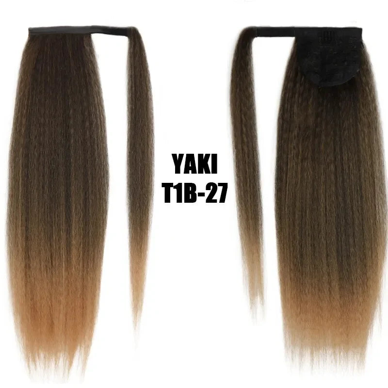 Synthetic Long Kinky Straight Ponytail Extension for Black Women Yaki Wrap Arpund Hair 24 Inch Clip in Magic Paste Black Tail