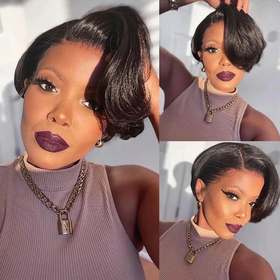 Human Hair 13X2 Wigs Short Pixie Cut Wigs Straight Bob HDTransparent Lace Frontal Wigs For Black Women 250Density Perruque Cheap