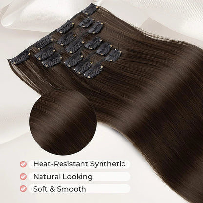 Synthetic Black Hair Extensions 24"/60cm 140g 6pcs/set Women Long Straight Full Head Clip 16 Clips  Ombre  Heat Resistant Fiber