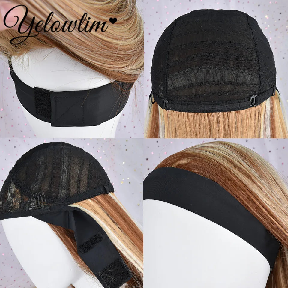 32inch Headband Wig Straight Hair Wig Women Brown High Gloss Synthetic Headband Wig gold mixed color