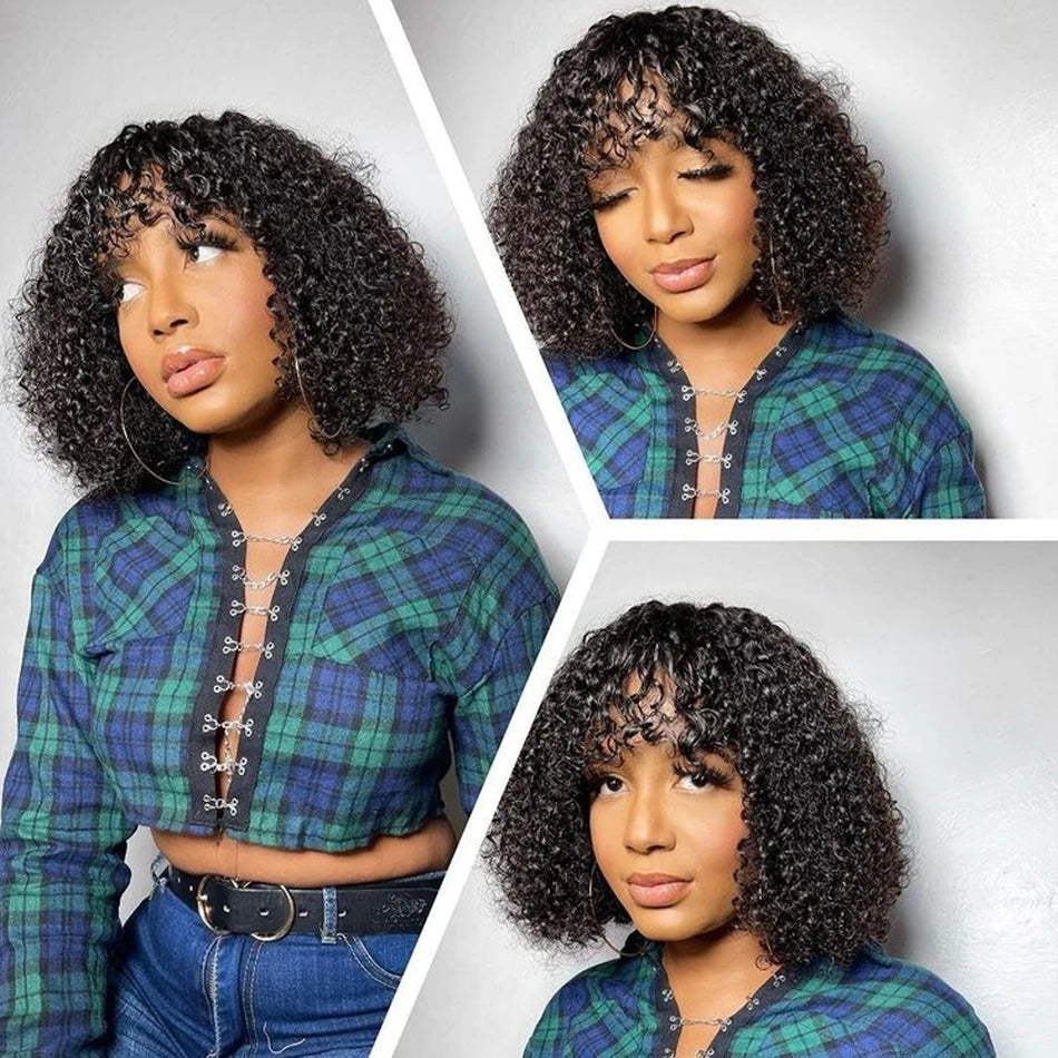 Curly Human Hair Wigs For Women 100% Human Hair Bob Wig Kinky Curly Wig With Bangs Perruque Cheveux Humain Full Machine Made Wig