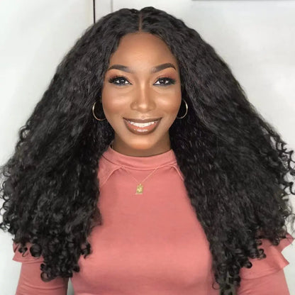Afro Curly U Part Wig Synthetic Braided Hair Texture with Unique Bouncy Curls in the End 24 "Soft Kinky Straight Full Hair Wigs