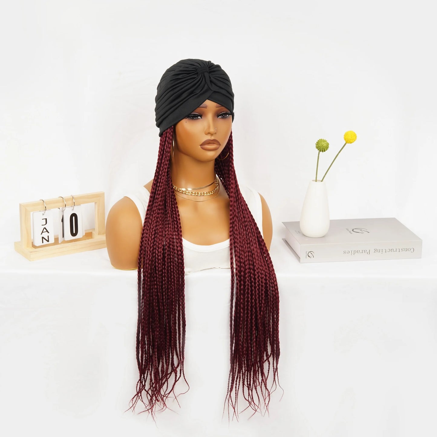 WIGERA Leopard Print Headband Long Braided Synthetic Wig With Turban Hat Box Braiding Hair Extensions Head Scarf  Easy Hairstyle