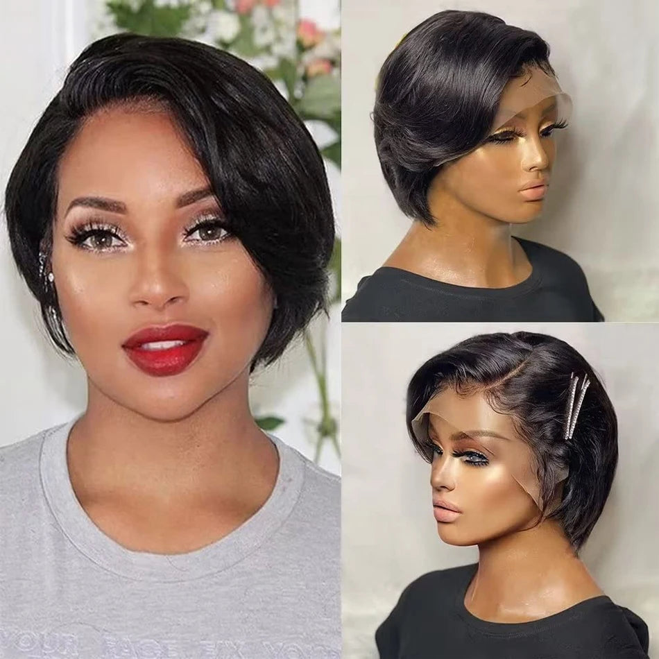 Human Hair 13X2 Wigs Short Pixie Cut Wigs Straight Bob HDTransparent Lace Frontal Wigs For Black Women 250Density Perruque Cheap