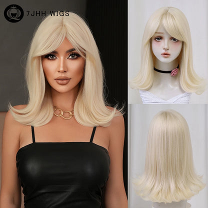 Long Straight Blonde Wig for Women Daily Use High Density Synthetic Layered Hair Wigs with Side Part Bangs Beginner Friendly