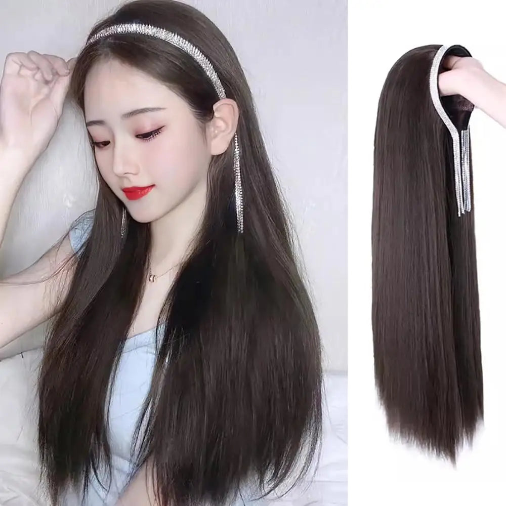 Women's Long Hair Headband  Synthetic  Wig Integrated Long Curly Hair Detachable U-shaped Half Head Cover Wig