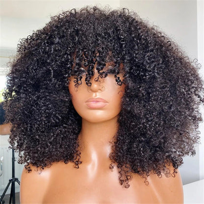 Mongolian Afro Kinky Curly Human Hair Wigs with Bangs Wear to go Glueless Wig Remy Brazilian Short Curly Bangs Wig Human Hair
