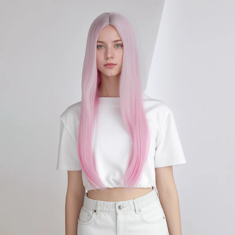 Synthetic One 30-Inch Straight Hair Mixed Color Dressing Wig Made of High-Temperature Silk Fiber Material, Hand-Washable