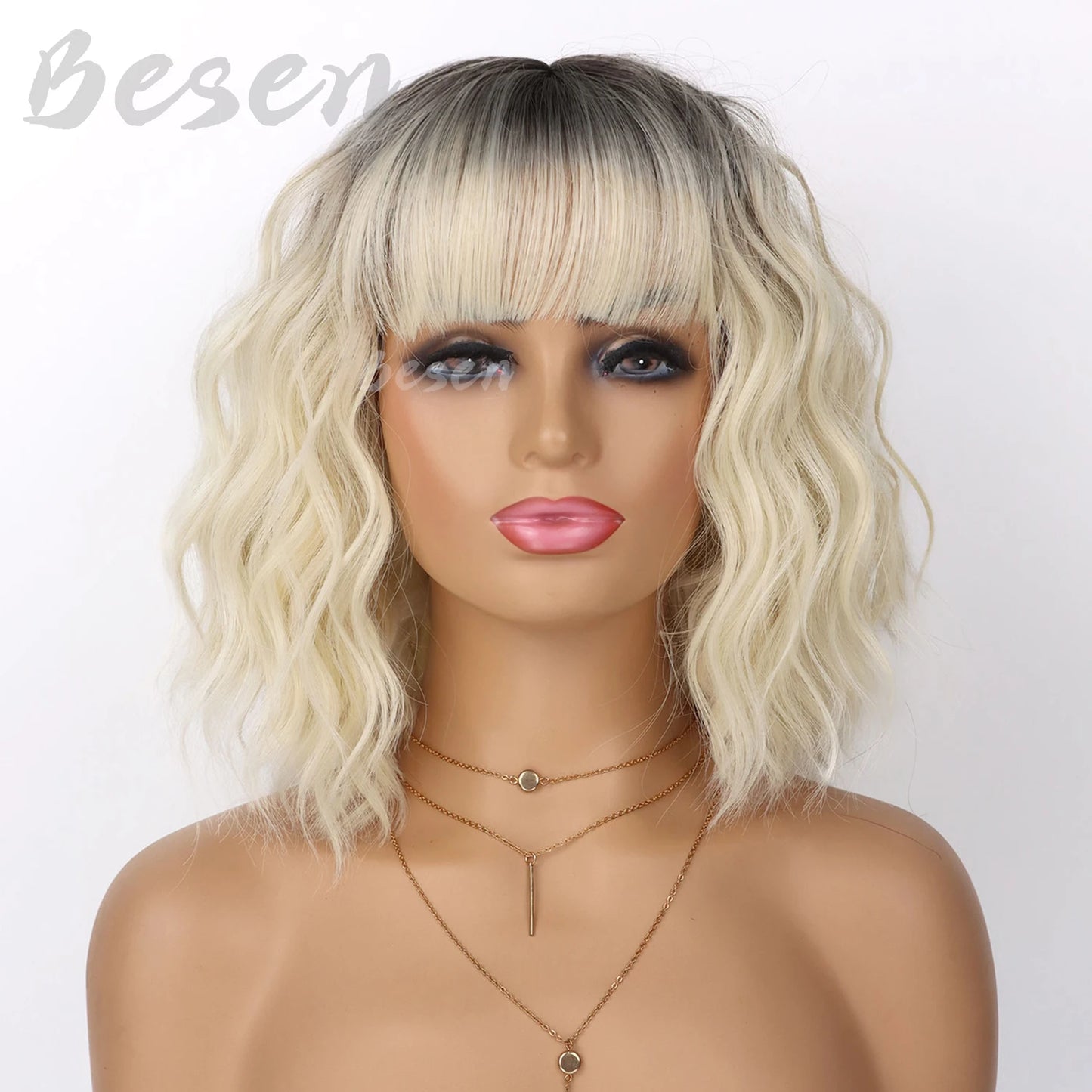 Synthetic Short Curly Bob Wig With Bangs for Women Wavy Shoulder Length Wig Short Water Wave Wig Daily Wear