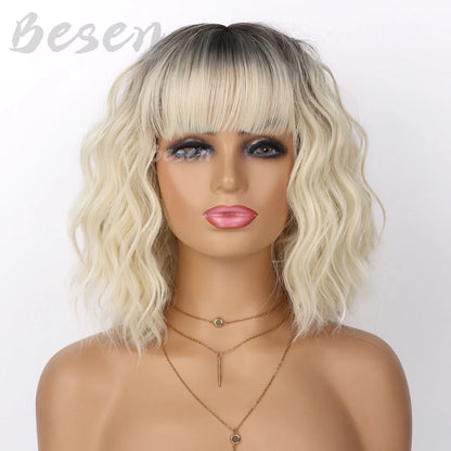 Synthetic Short Curly Bob Wig With Bangs for Women Wavy Shoulder Length Wig Short Water Wave Wig Daily Wear