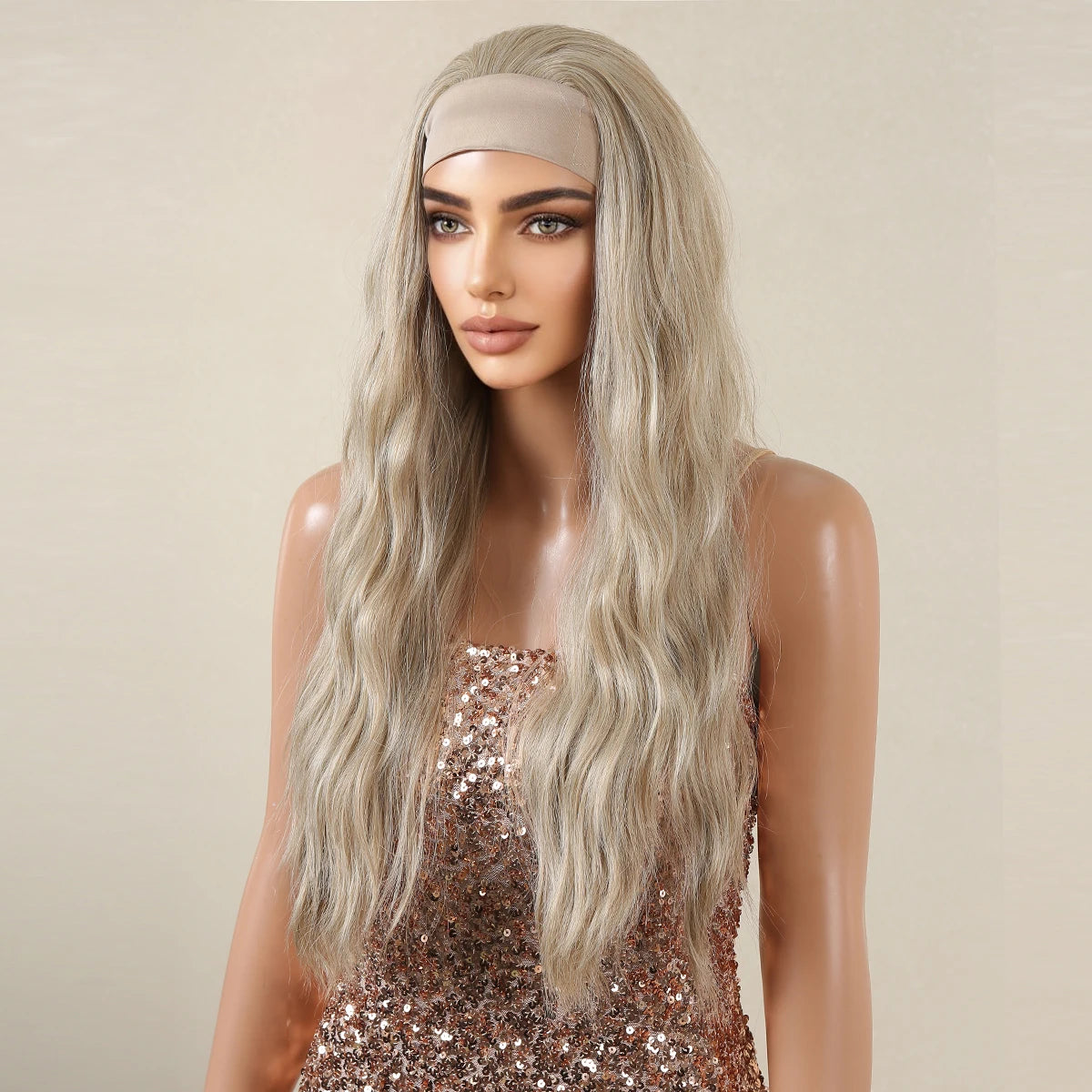 Long Curly Headband Synthetic Wigs Natural Ash Blonde Long Women's Headband Wig Body Wave Bohemian Hair Wig For Women Daily Use