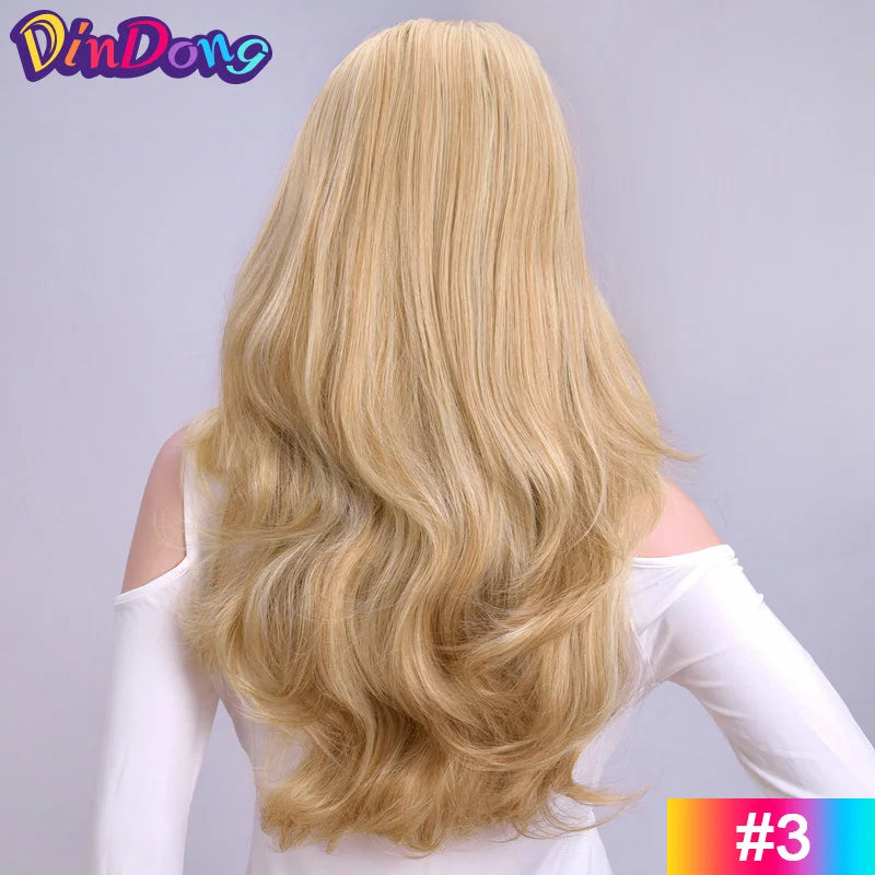 24 Inch Synthetic Long Wavy Head Tied  3/4 Half Wigs for Women With Clips In, Hair Extension Blonde Wigs