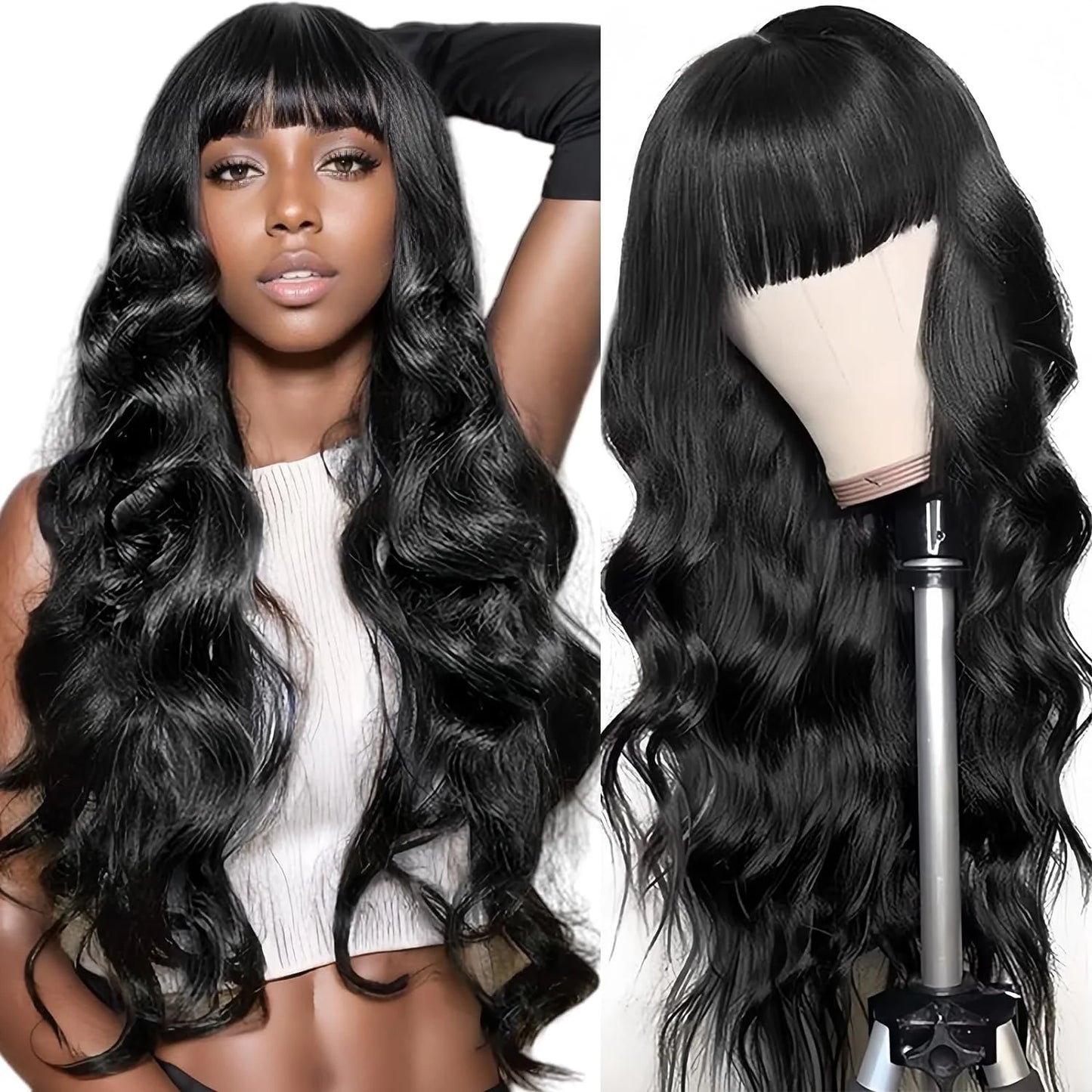 Body Wave Human Hair Wigs With Bangs 12A Peruvian Cheap Hair Wigs On Sale Clearance Full Machine Made Wig With Bangs For Woman