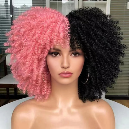 Short Afro Kinky Curly Wig With Bangs For Black Women Synthetic Ombre Glueless Colorful Wig Cosplay Party Halloween Wigs