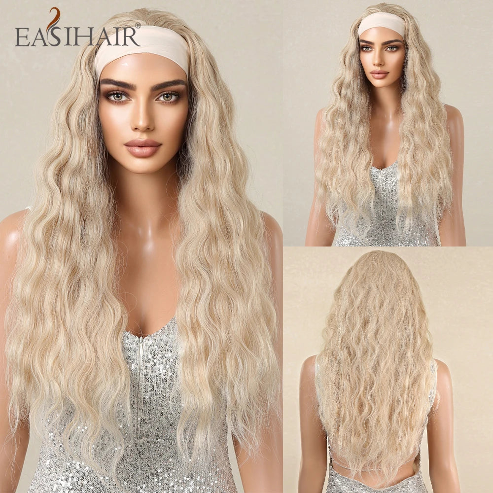 Long Headband Synthetic Wigs Natural Wavy Brown Highlight Headband Hair Wigs for Women Heat Resistant Cosplay Party Fake Hair