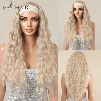 Long Headband Synthetic Wigs Natural Wavy Brown Highlight Headband Hair Wigs for Women Heat Resistant Cosplay Party Fake Hair