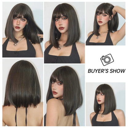 Straight Bob Synthetic Wigs Dark Brown Hair with Bangs for Women Shoulder Length Wig Daily Use Heat Resistant Korean Hairstyle