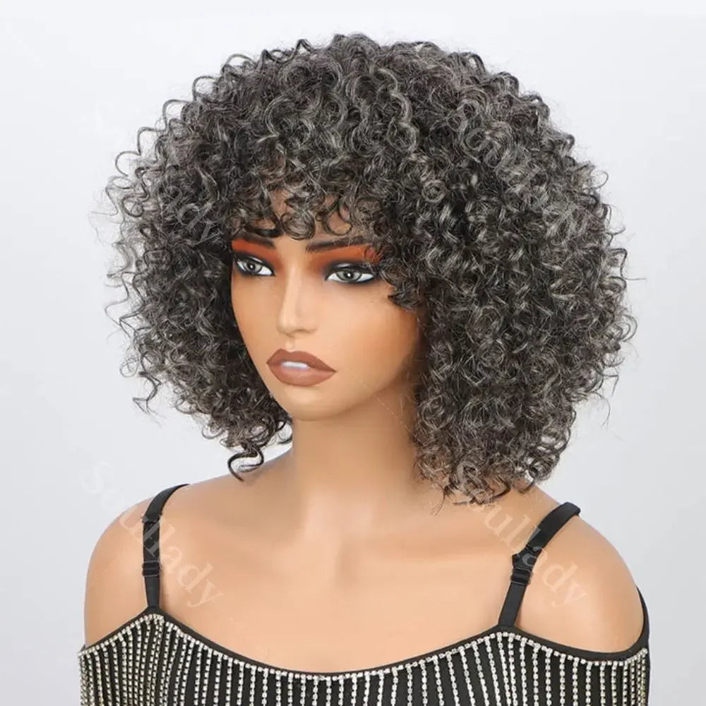 Dark Gray Curly Bob Wig With Bangs Glueless Wear & Go Salt And Pepper Wigs Short Kinky Curl  Human Hair Wigs For Elegant Mom