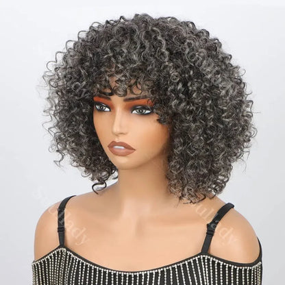Dark Gray Curly Bob Wig With Bangs Glueless Wear & Go Salt And Pepper Wigs Short Kinky Curl  Human Hair Wigs For Elegant Mom