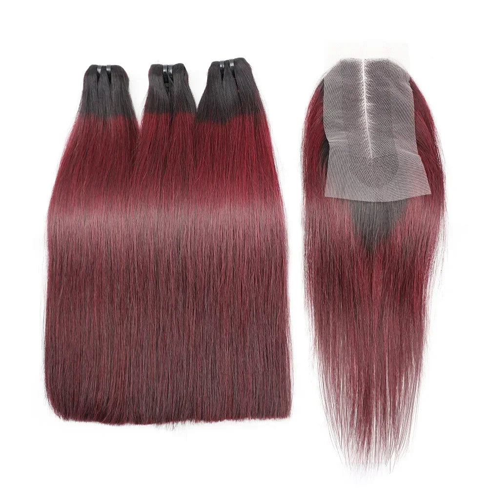 Vietnamese Raw Human Hair Bundles Bone Straight Weave Bundles with Closure Burgundy Red Hair Bundles Deal 2x6 Lace Kim K Closure