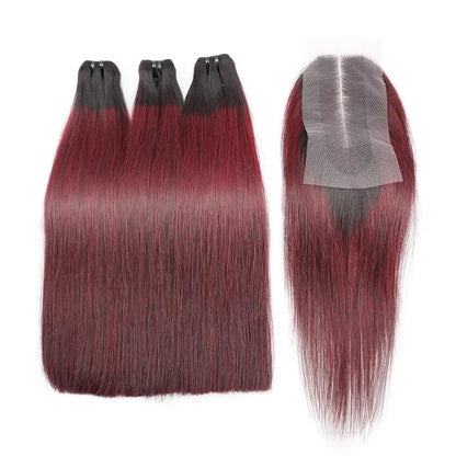 Vietnamese Raw Human Hair Bundles Bone Straight Weave Bundles with Closure Burgundy Red Hair Bundles Deal 2x6 Lace Kim K Closure