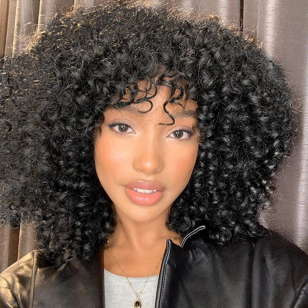 Mongolian Afro Kinky Curly Human Hair Wigs with Bangs Wear to go Glueless Wig Remy Brazilian Short Curly Bangs Wig Human Hair