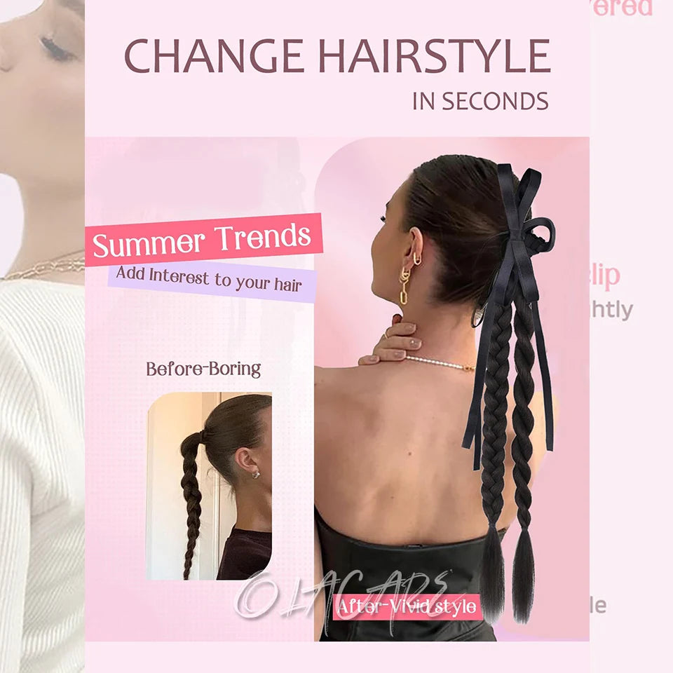 Ponytail Extension Bow Claw Curly Wavy Clip in Hairpiece Ponytail Hair Extensions Long Pony Tail Synthetic for Women Girl Daily