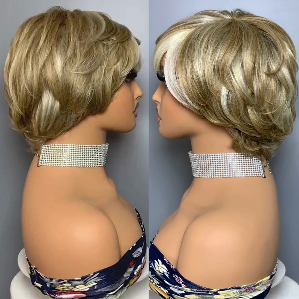 Wavy No Lace Human Hair Wig F8/60# Pixie Cut Wig Short Wig With Bangs Human Hair Wigs For Women Natural Look and Style